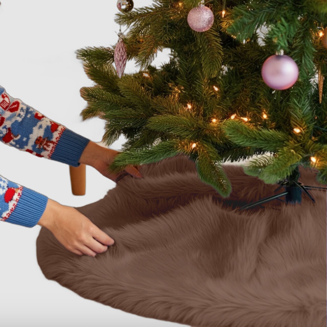 FabricLA Light Brown Faux Fur Tree Skirt Cut - 60-Inches with Rounded Edges (No Backing) for Christmas